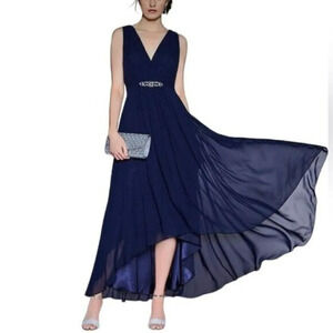 NEW Eliza J Embellished Jewel Rhinestone High/Low Chiffon Dress Navy